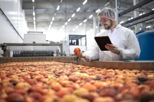 Obstverarbeitung in einer modernen Fabrik, Qualitätskontrolle durch einen Mitarbeiter mit Tablet.