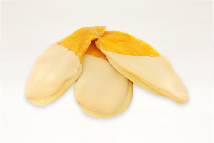 Mango, getrocknet, halbschokoliert mit weißer Glasur, Serviervorschlag