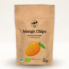 Kleine Farm gefriergetrocknete Mangochips in brauner Verpackung mit Mango-Illustration.